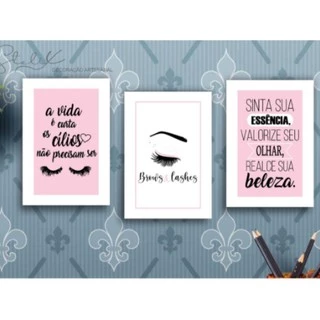 Placa Quadro Decorativo Kit 3 Peças Design Cílios Salão Brows E Lashes