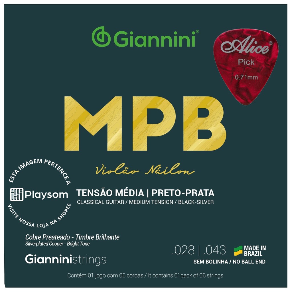 Cordas Violão Nylon Giannini MPB Tensão Média Preto c/ Prata