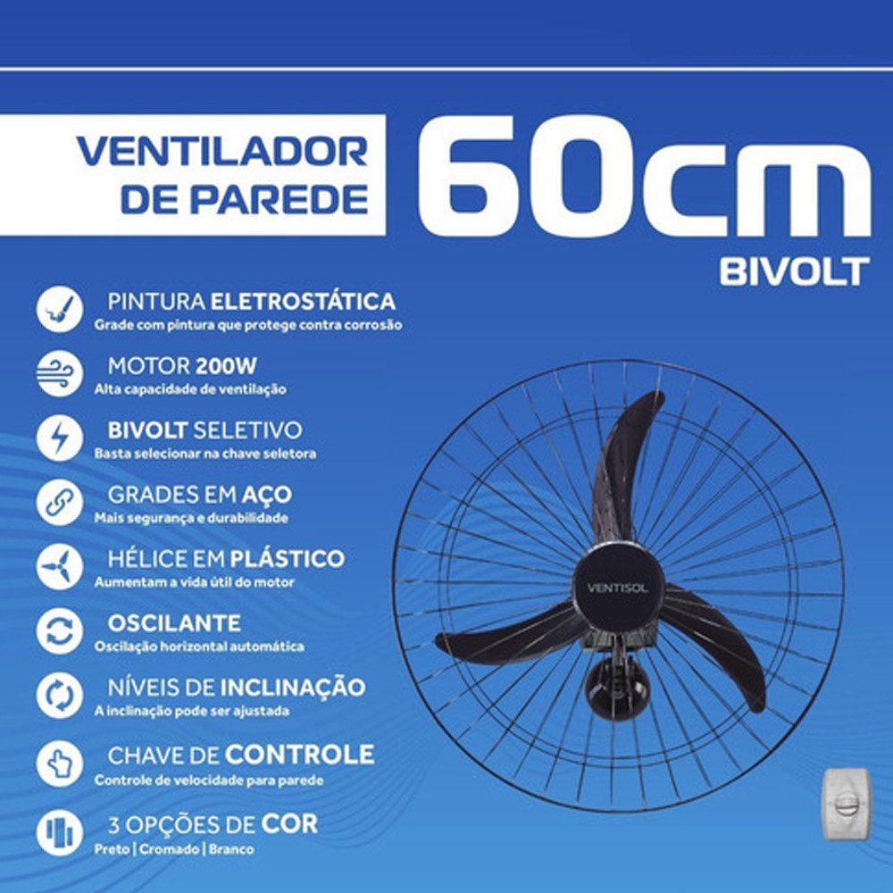 Ventilador de Parede Ventisol 200W 3 Pás 60cm Preto Premium BIVOLT