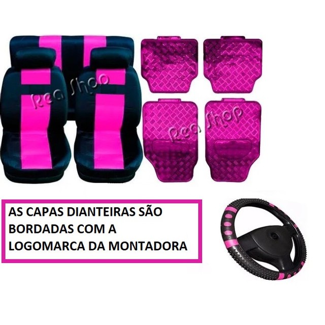 Kit Automotivo: Capa Para Banco De Carro Preto E Rosa + Tapete + Capa De Volante Para Volkswagen Gol G5