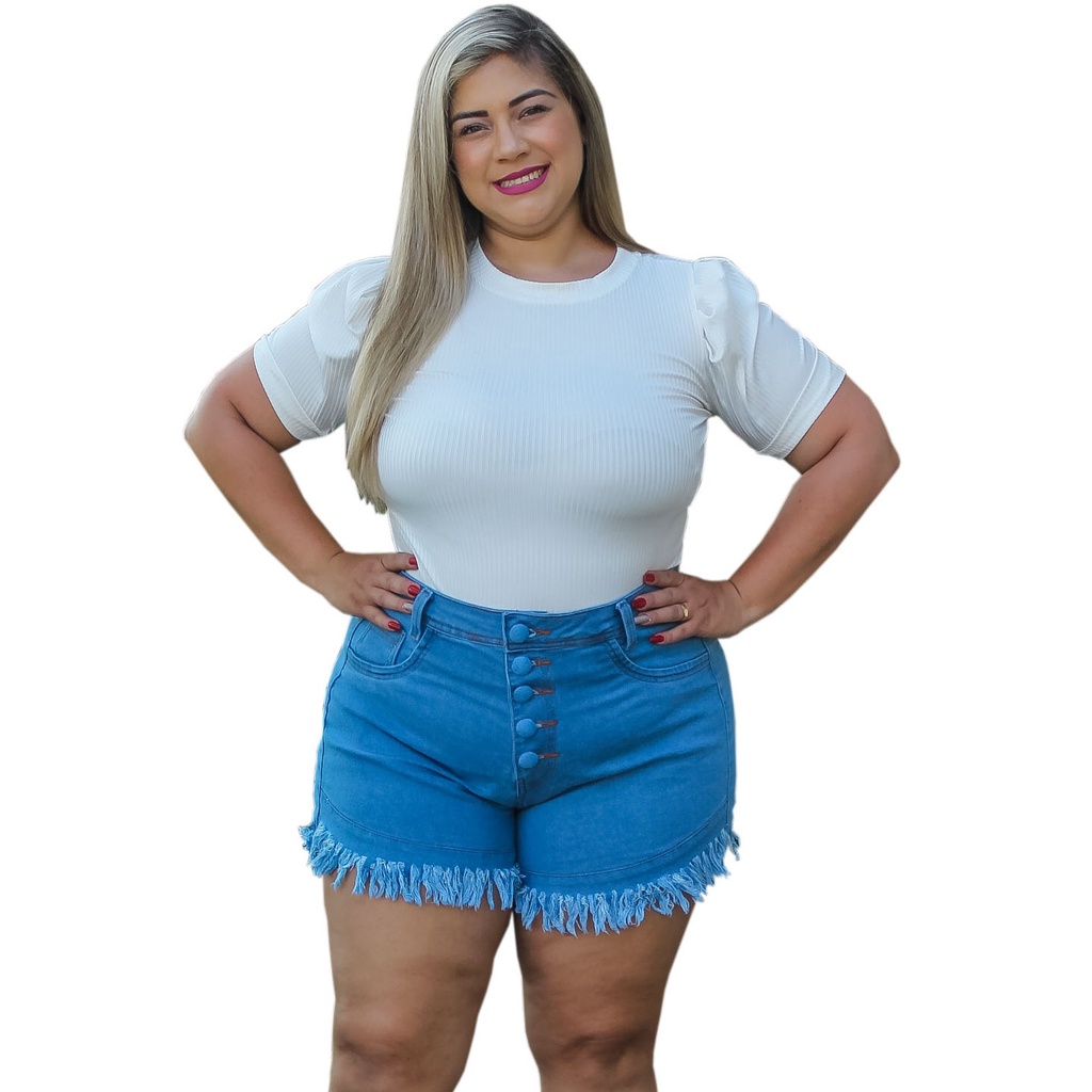 Short Feminino Jeans Com Licra Cintura Alta Desfiado Curto Azul