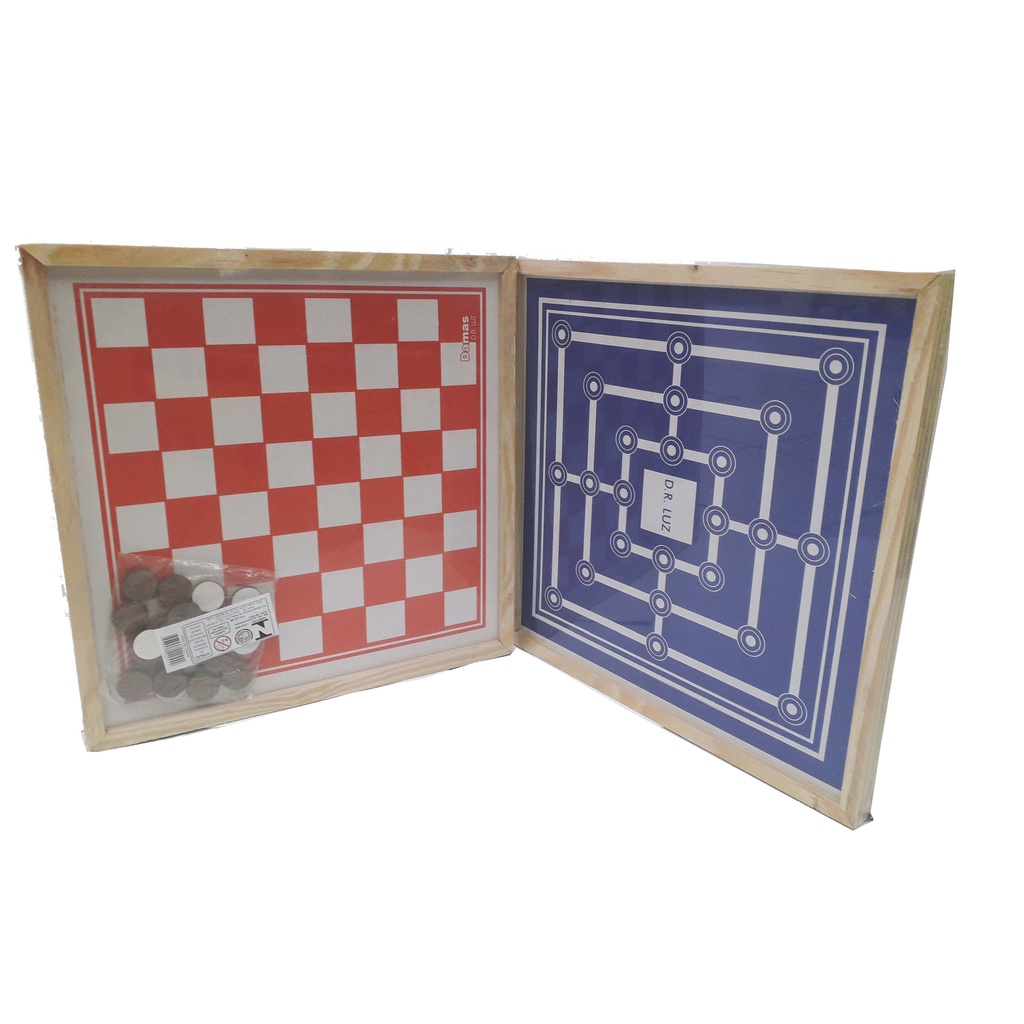 Jogo dama e trilha tabuleiro madeira formato caixa30x30x4cm