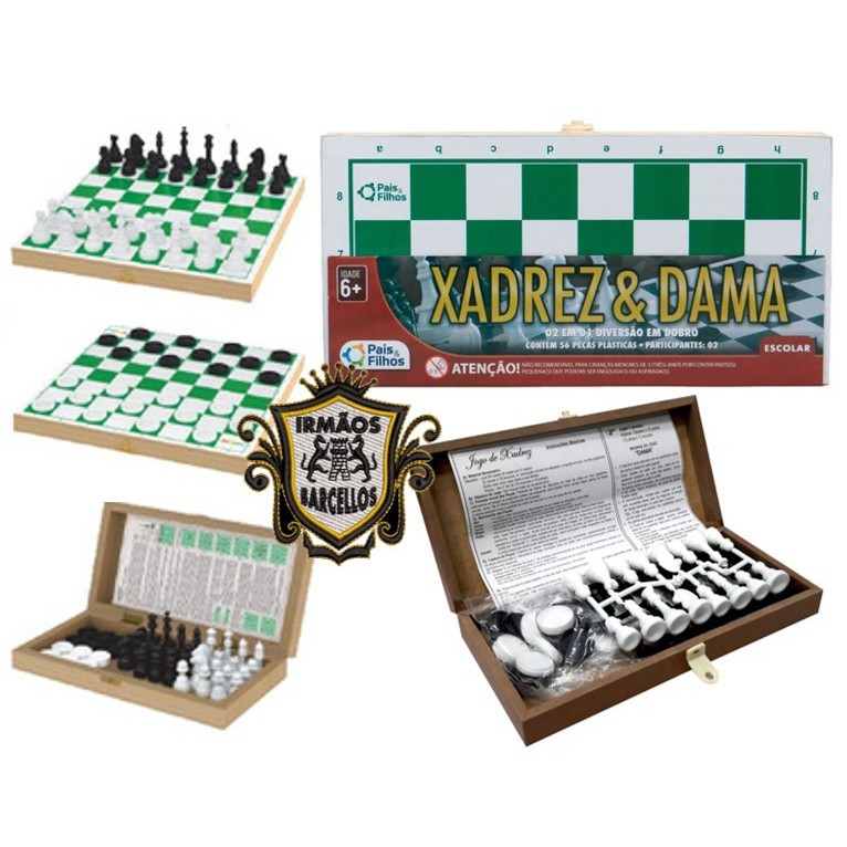 Jogo De Xadrez & Dama 2x1 - Tabuleiro Em Madeira Com Peças Plásticas 27 x  13 x 5 cm - Pais e Filhos Oficial