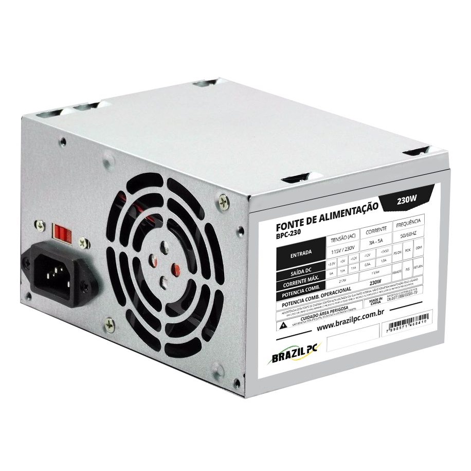 Fonte de alimentação ATX Para PC230W Real 20+4 Pinos 2 Sata Prata 115V/230V