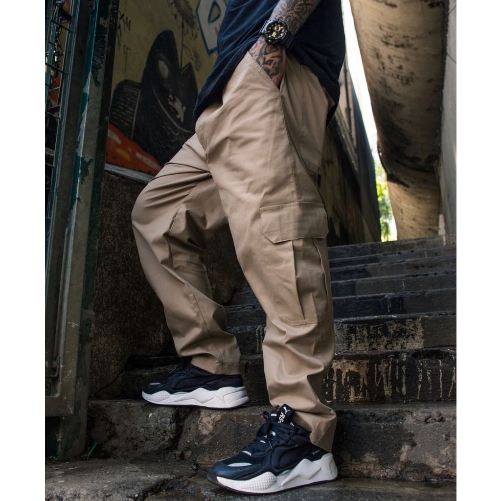 Calça Cargo Skate Street Wear Bege e Preta Frouxa Boca Larga