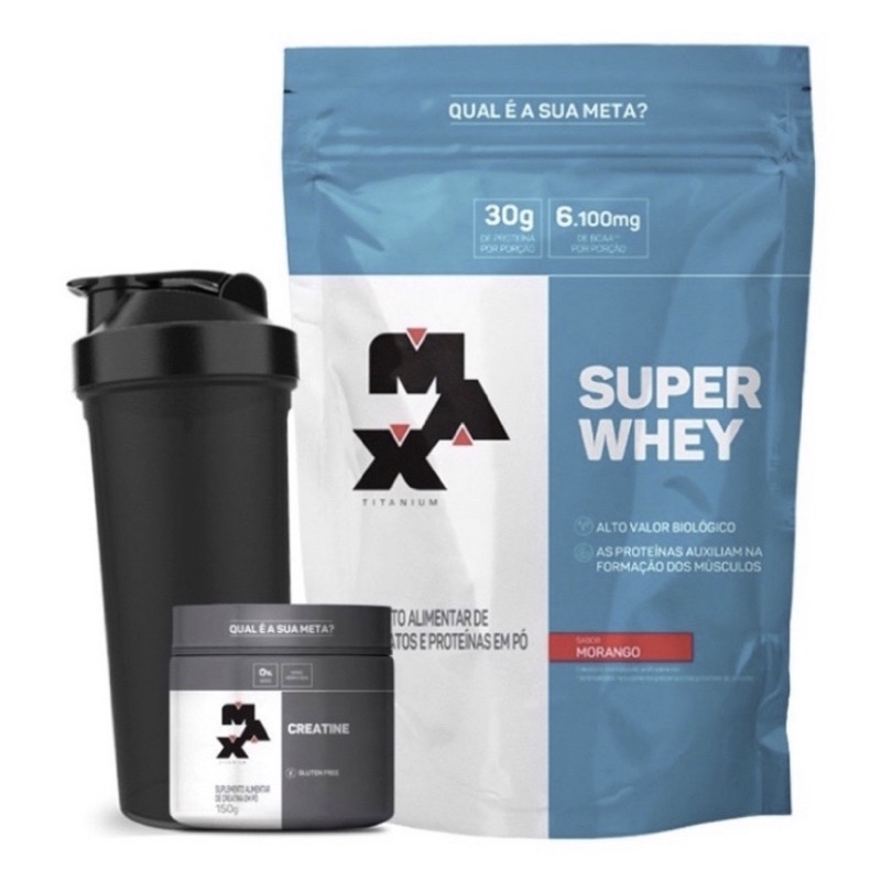 Super Whey Refil 900g Isolado e Concentrado + Creatina + Coqueteleira – Max Titanium