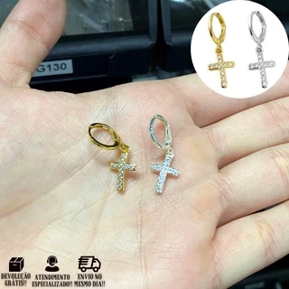 Brinco Masculino De Ouro Cruz Cravejada + Brinco Prata De Cruz Banhado em Oferta na Shopee