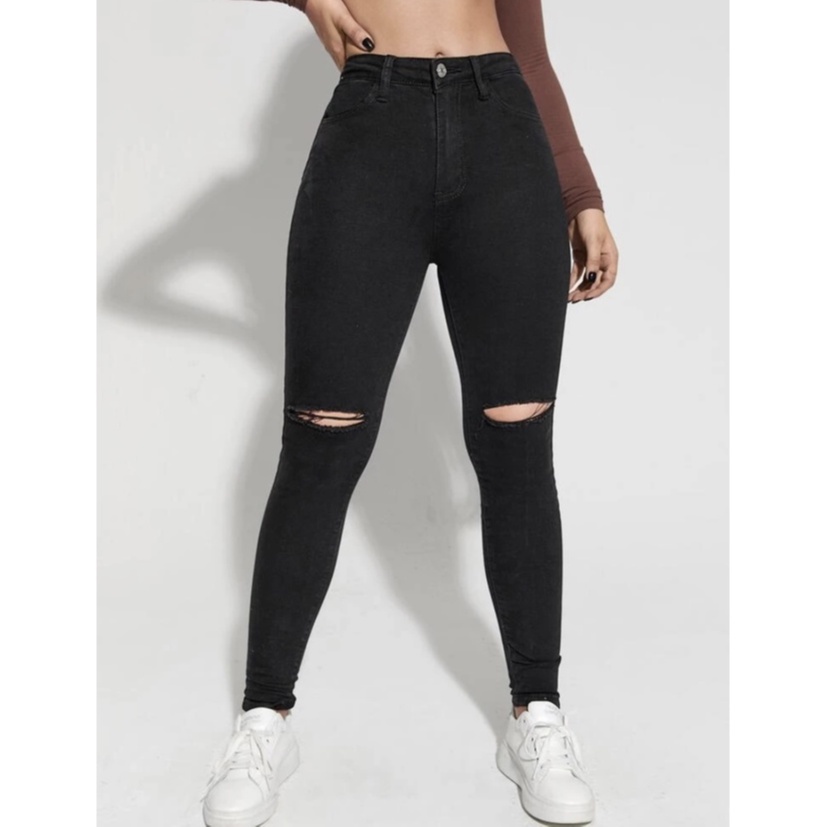 Calça Jeans Feminina Skinny Preta Rasgada no Joelho Com Elastano Levanta  BumBum - Qualidade Premium