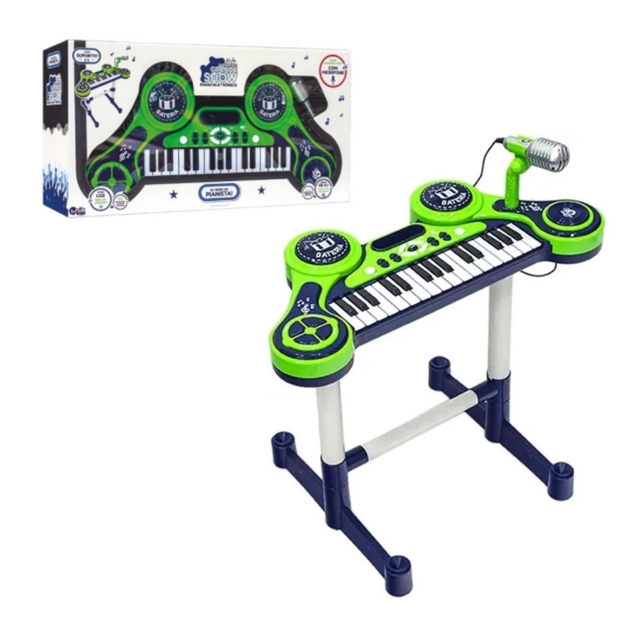 Piano Eletrônico Teclado Infantil Com Microfone Suporte Verde - Ri