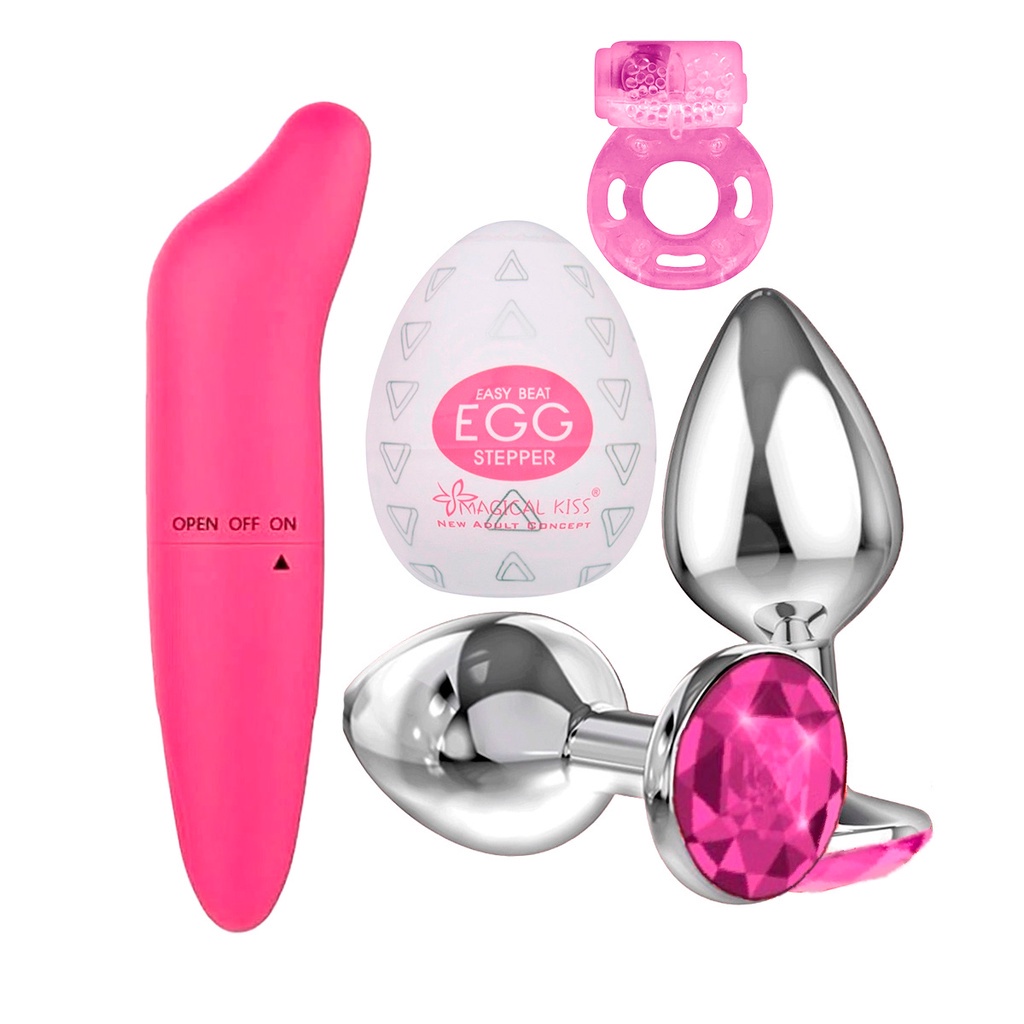 Kit Casal Plug Anal M Anel Peniano Vibrador Ponto G e Egg Masturbador