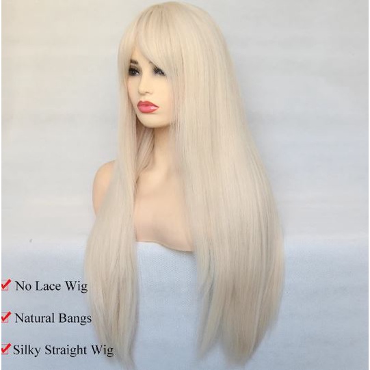 Peruca de cabelo orgânico loira platinada 65cm Lisa com franja feita a máquina resistente ao calor feita em fibra para cosplay