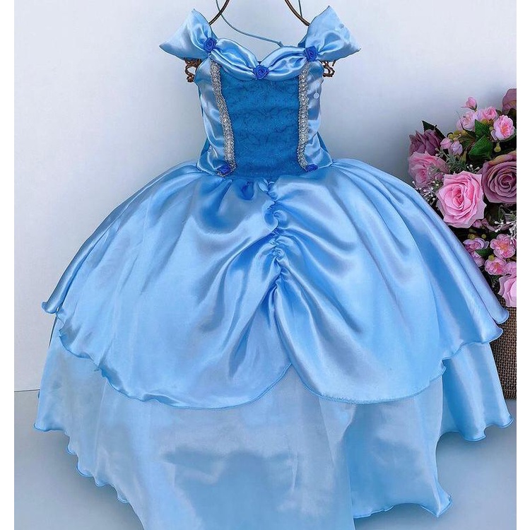 Fantasia Cinderela Vestido Princesa Azul Bordado Longo Luxo