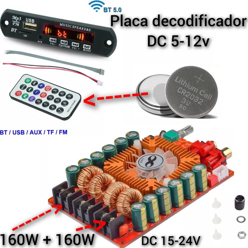 Placa amplificadora DC 12-24V dual alto falante 160W+160W Placa decodificador DC 5-12V