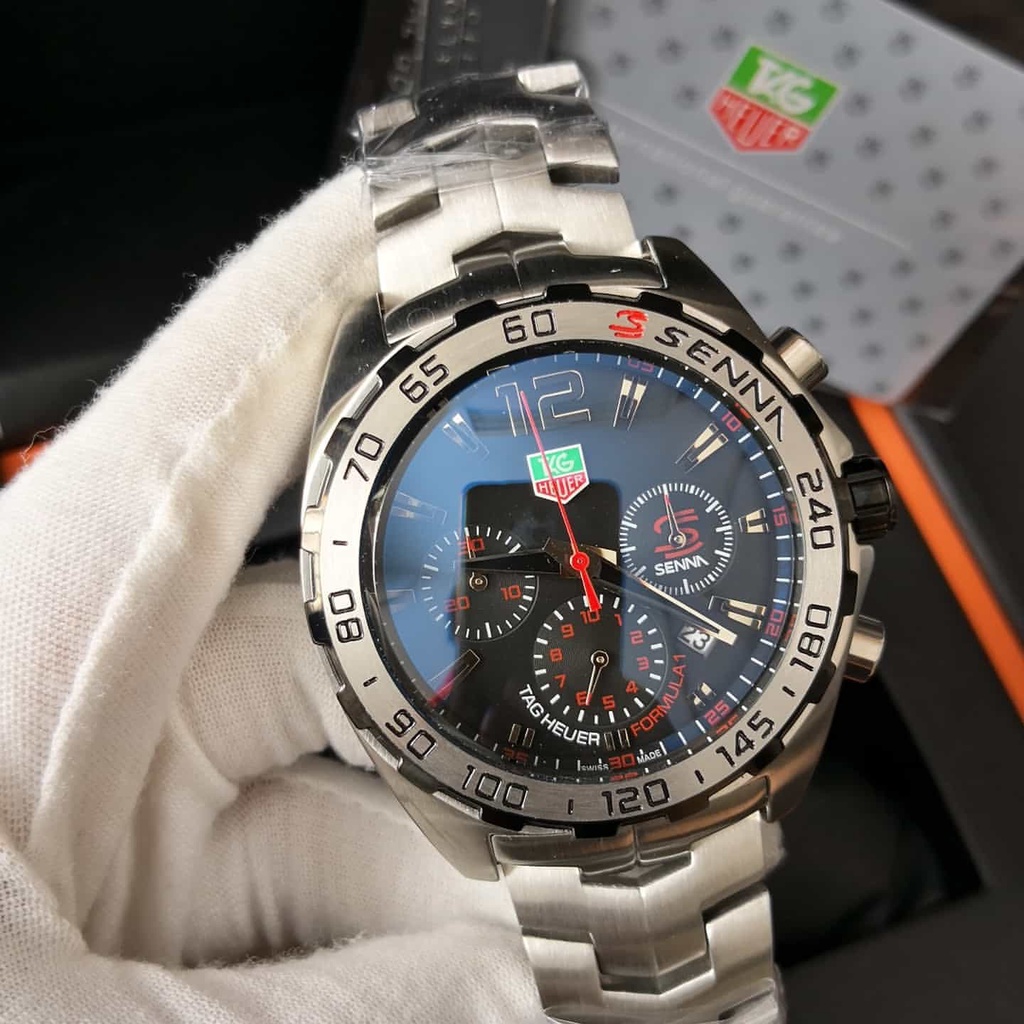 Ayrton Senna Inox Fundo Preto CAZ1015.BA0883 Vidro de Safira 3Anos de Garantia WR100mts