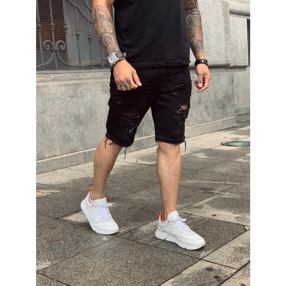 Short jeans hot sale preto desfiado masculino