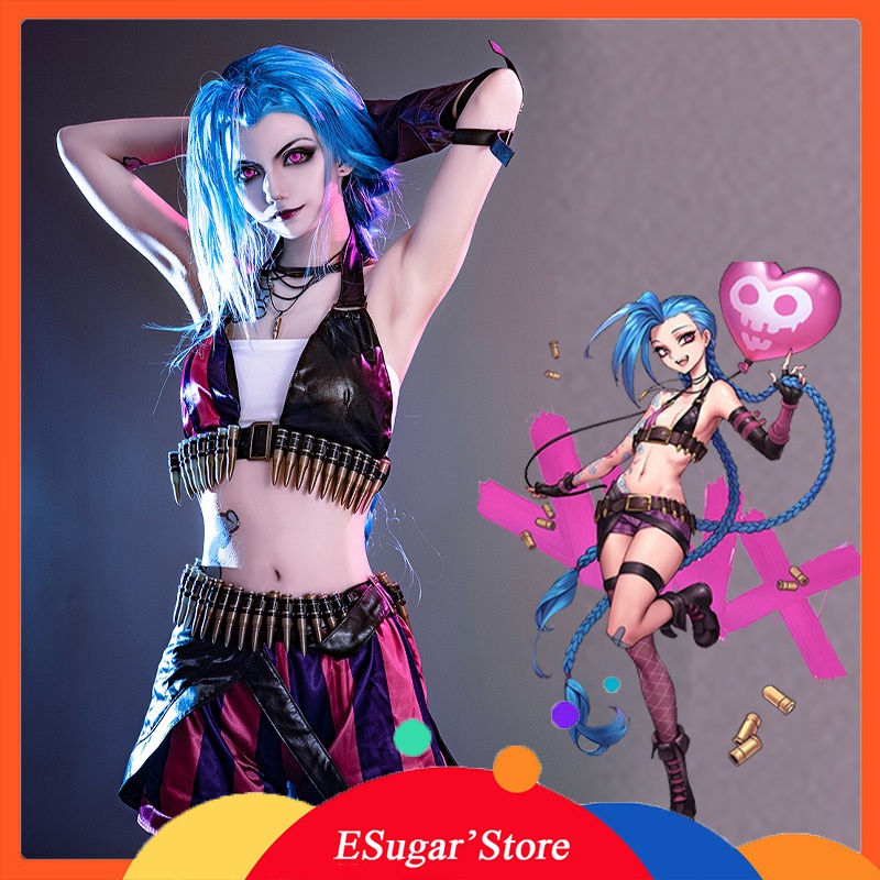 Adulto Senhorita LoL Jinx Cosplay Uniforme Traje Arcane Roupas Halloween Carnaval Terno Peruca