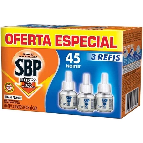Repelente Elétrico Líquido SBP 45 Noites com 3 Refis 35ml Cada Oferta Especial
