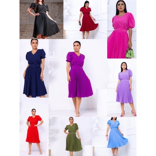 Vestido Plissada Lisa Midi Rodado Moda Evangelic Com Cinto-003