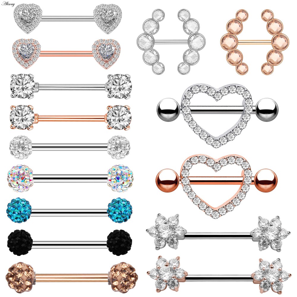 Alisouy 2pcs 14G Flor De Coração Zircônia Cristal De Aço Inoxidável Sexy Anel De Mamilo Barbell Piercing Body Jewelry