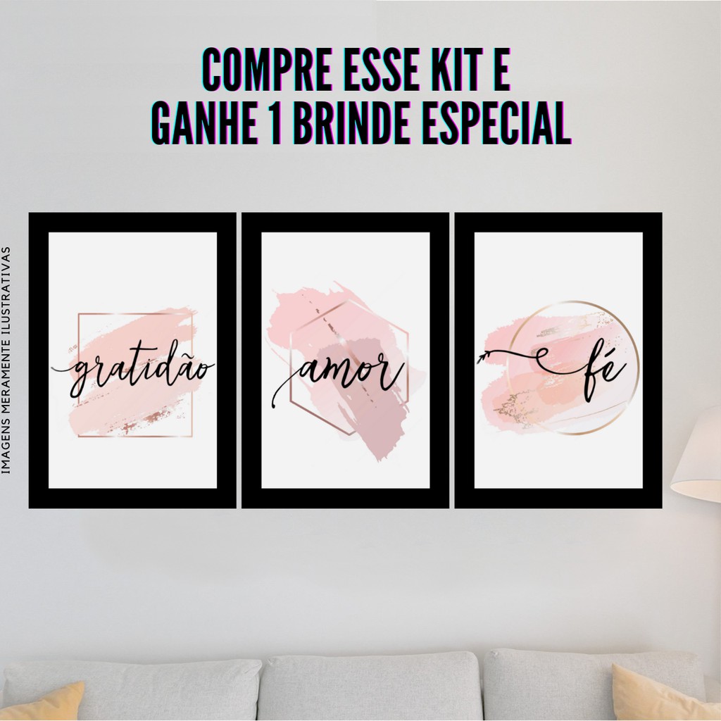 Conjunto de 3 Quadros Decorativos para Quarto Casal Fé e Amor - Religiosos