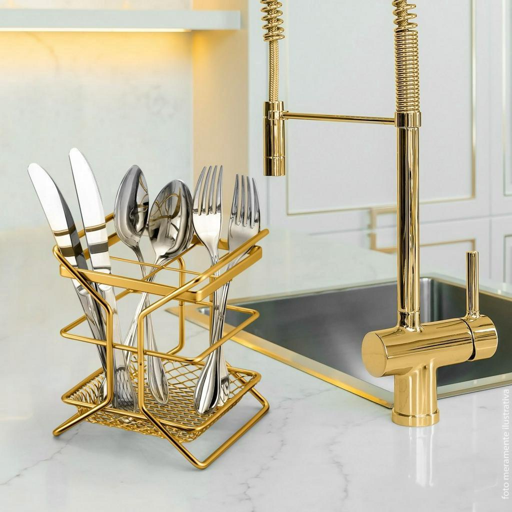 Porta Talheres Cozinha Escorredor de Bancada Aramado Dourado