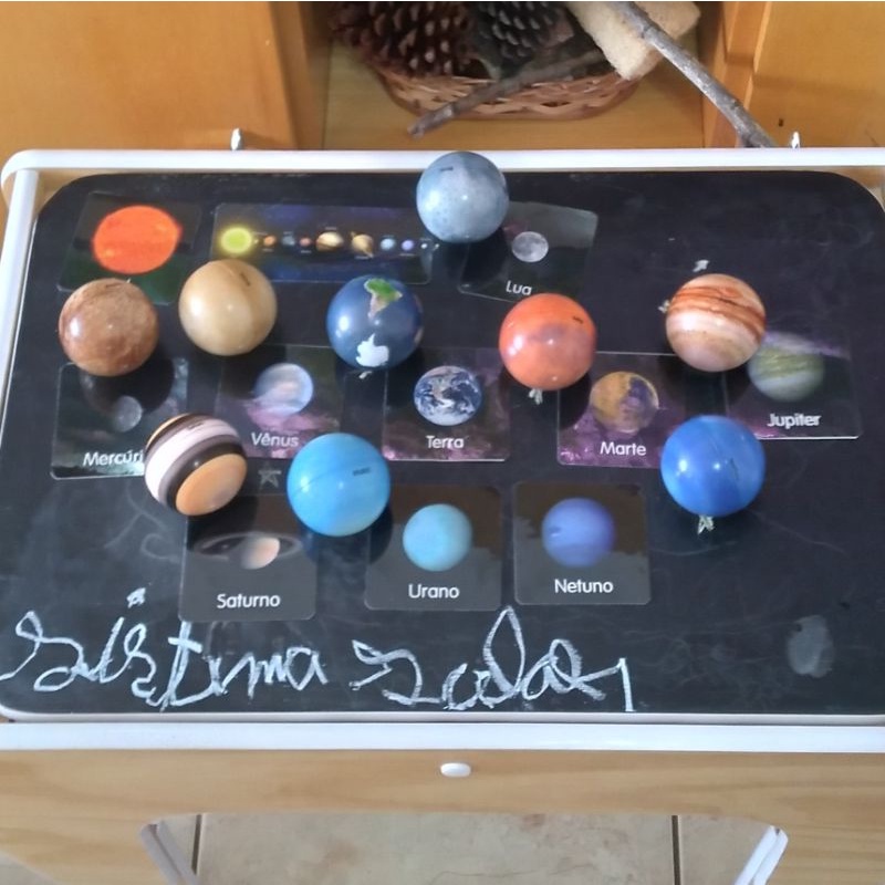 Kit com 12 flashcards Montessori com cartas do Sistema Solar e seus planetas, sol e lua
