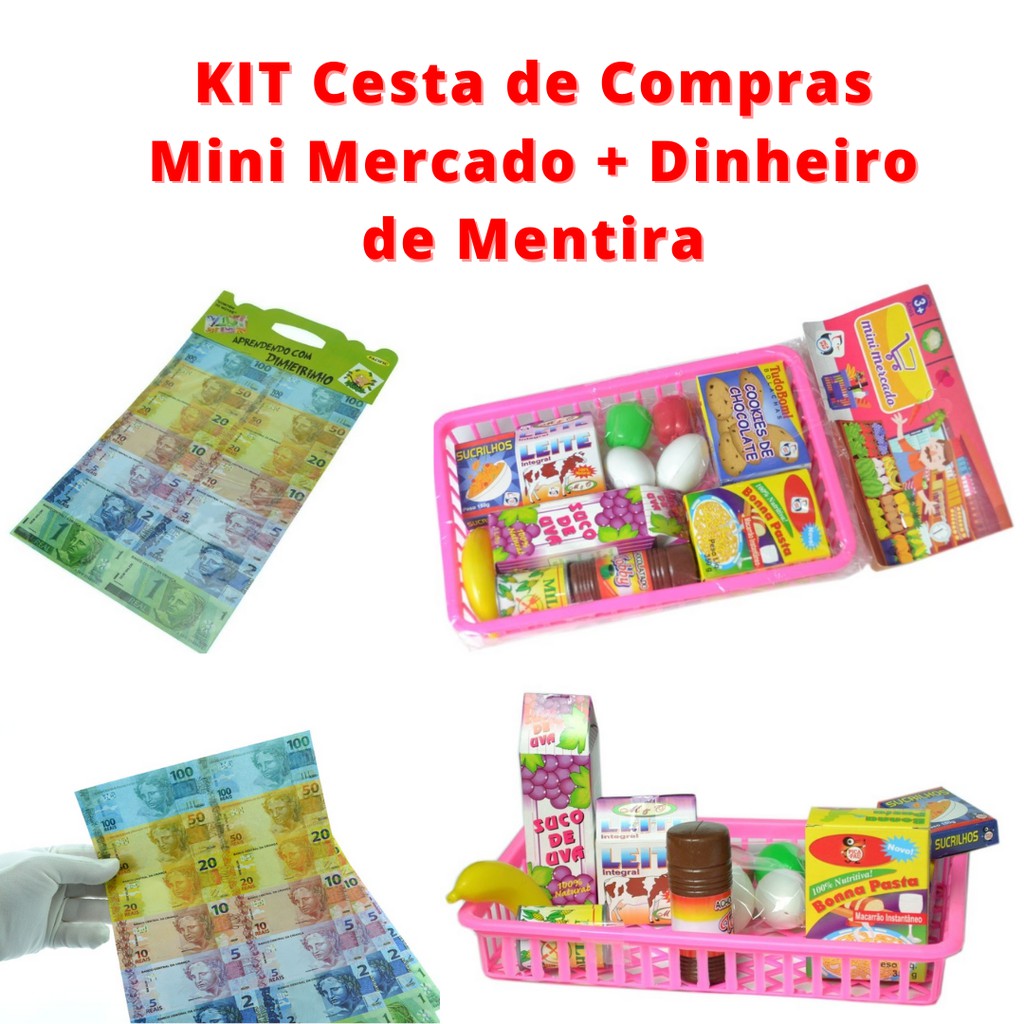 Kit Brinquedo Educativo Cesta De Compras Mini Mercado Aprendendo Com Dinheirinho Dinheiro De 2378