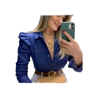 Camisa Jeans Feminina Manga Longa Bufante Princesa
