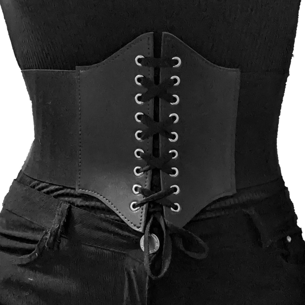 Cinto Corset em PU e elastano couro sintético vegano corselet espartilho cinta elástico cintura laço plus size preto marrom vinil