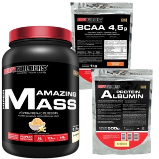 Kit Hipercalórico Hiper Amazing Mass 1,5 kg + Albumin Protein 500g + BCAA 4,5 1kg - Kit Para Ganho de Massa Muscular e Força na Musculação - Bodybuilders