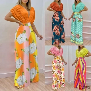 Macacão Feminino Sexy Decote Em V Cintura Alta Longo Verão Casual Estampado Pernas Largas Macacões