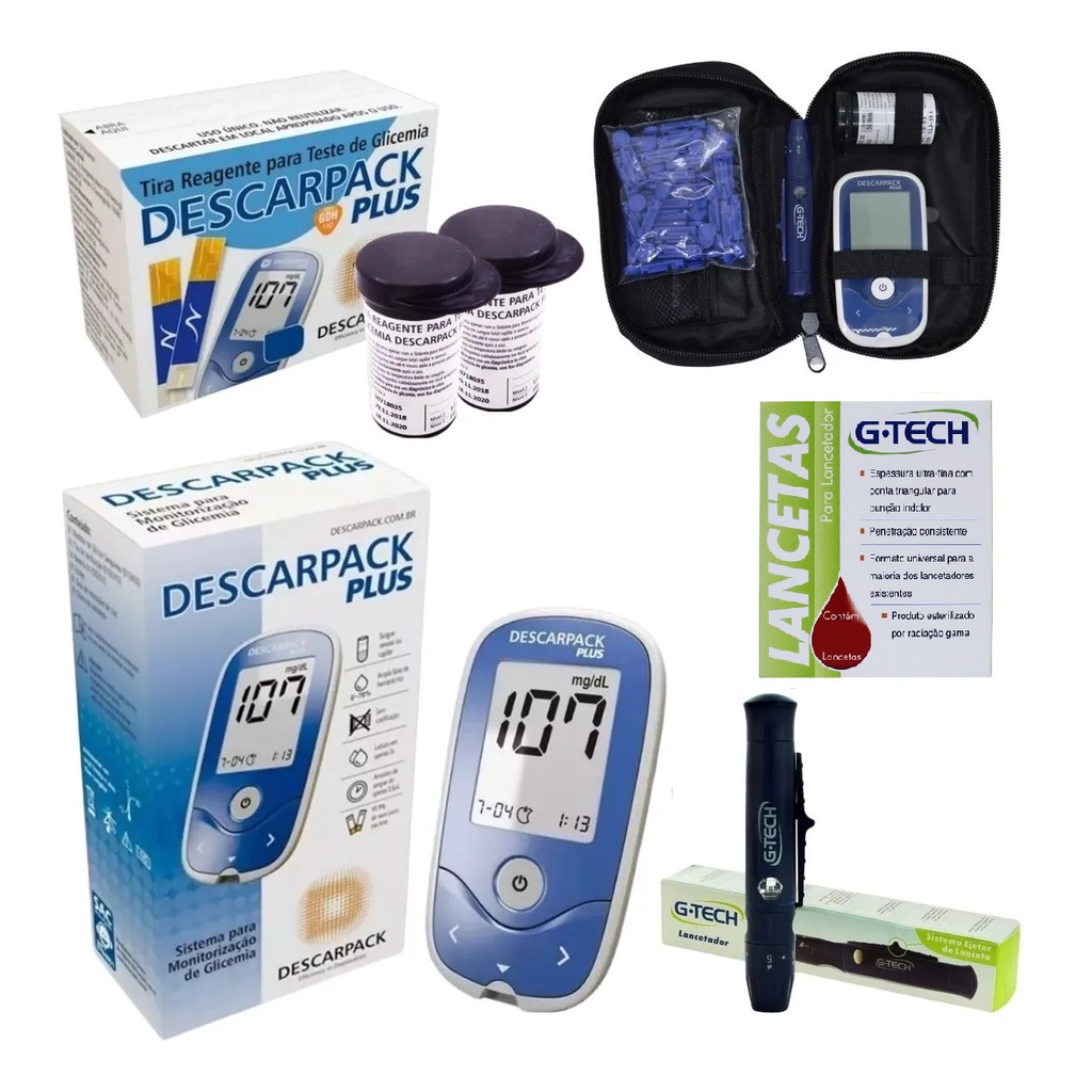 Kit Medidor De Glicose Completo Descarpack Plus Com 50 Tiras + 50 ...