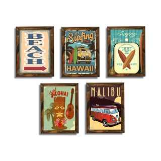 Kit 5 Quadros Surf Decoração Casa Apê Praia Com Moldura Madeira Vintage Retrô