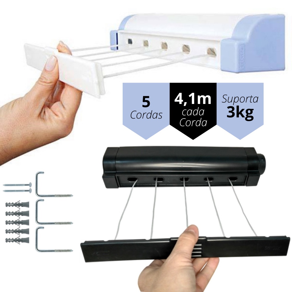 Varal Retrátil Parede Automático 5 Cordas 4,1 Metros Secalux Preto ...