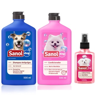 Combo Kit Banho cachorro: Shampoo Antipulga, Condicionador revializante, Perfume Floral Sanol