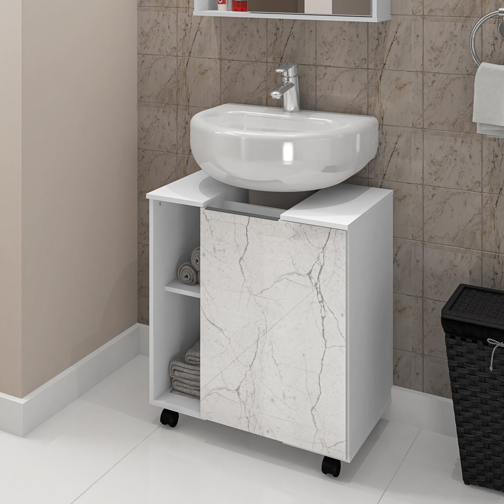 gabinete pia banheiro coluna branco estilo marmore com rodas com porta