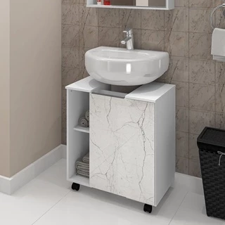 gabinete pia banheiro coluna branco estilo marmore com rodas com porta