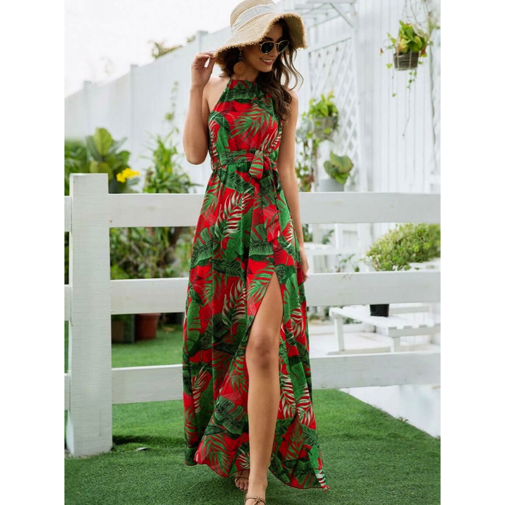 Vestido Longo de Alcinha Vermelho Floral XL Shein