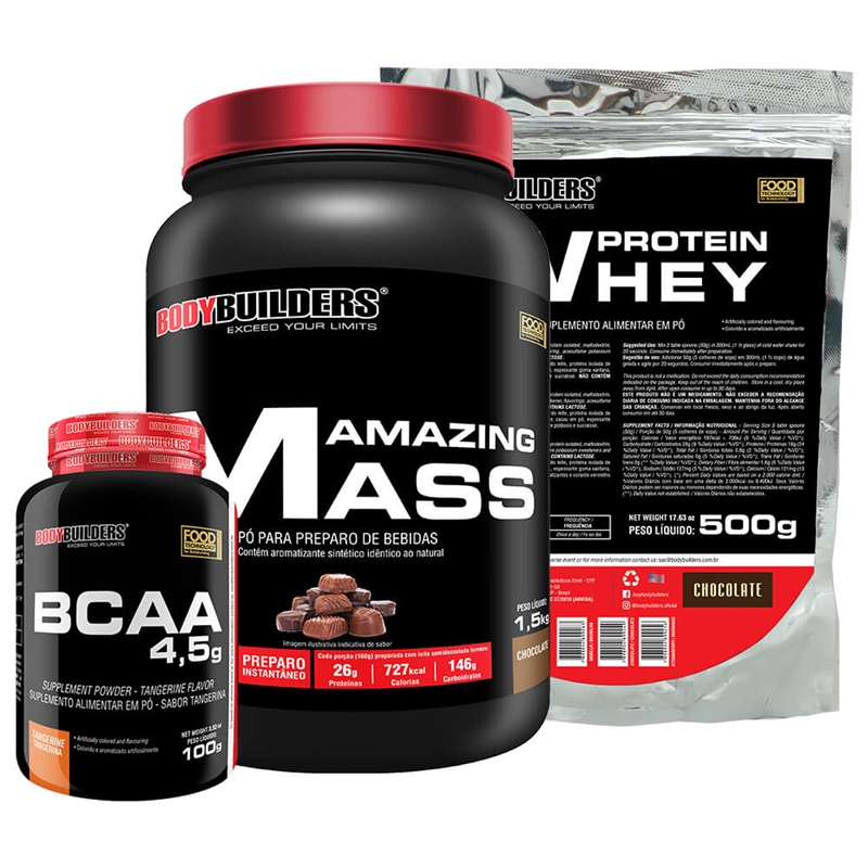Kit Amazing Mass 1,5kg, Whey Protein 500g, BCAA 100g Tangerina – Bodybuilders