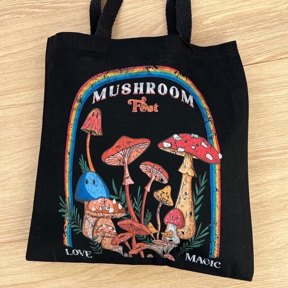 Bolsa Feminina Praia Ecobag Cogumelos Fest - Preta