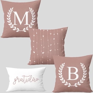 Kit 4 Capas Almofadas Estampa Letra Inicial Casal + Baguete 45x45 Para Cama Posta Rosê