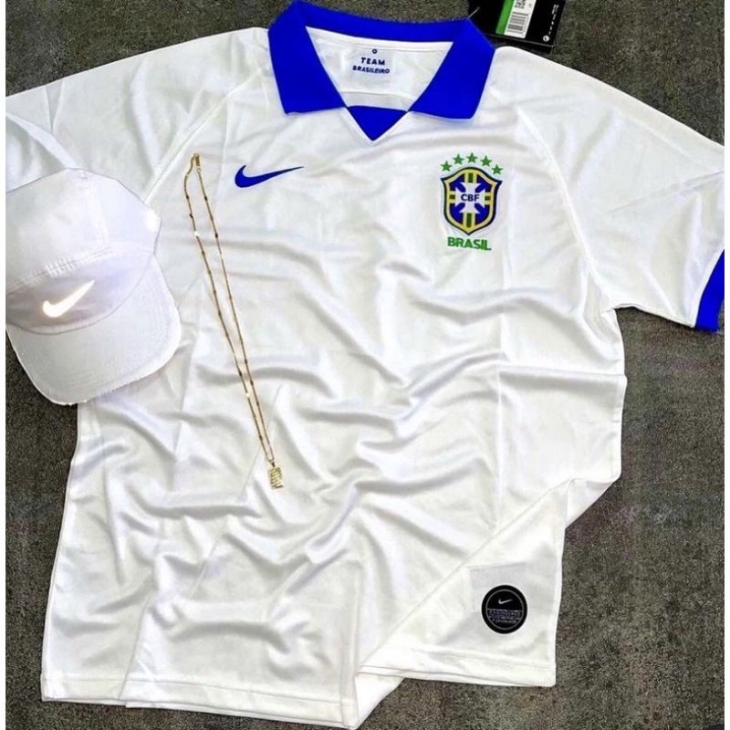 Camisa do Brasil Polo Branca e Azul seleção brasileira malha Premium Alta qualidade