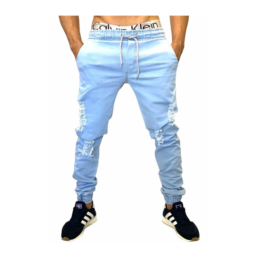 Calça Jogger Jeans Escura Rasgada - Jeans Escura - P