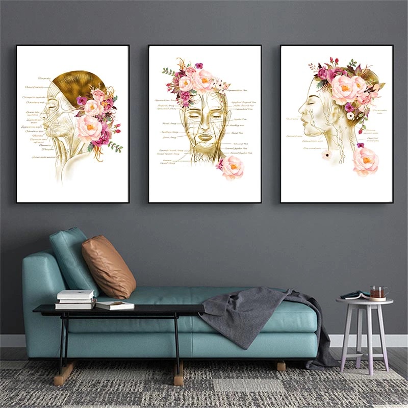 Quadro decorativo 3 peças Músculos faciais flor cabeça anatômica feminino anatomia medicina para quarto consultório médico