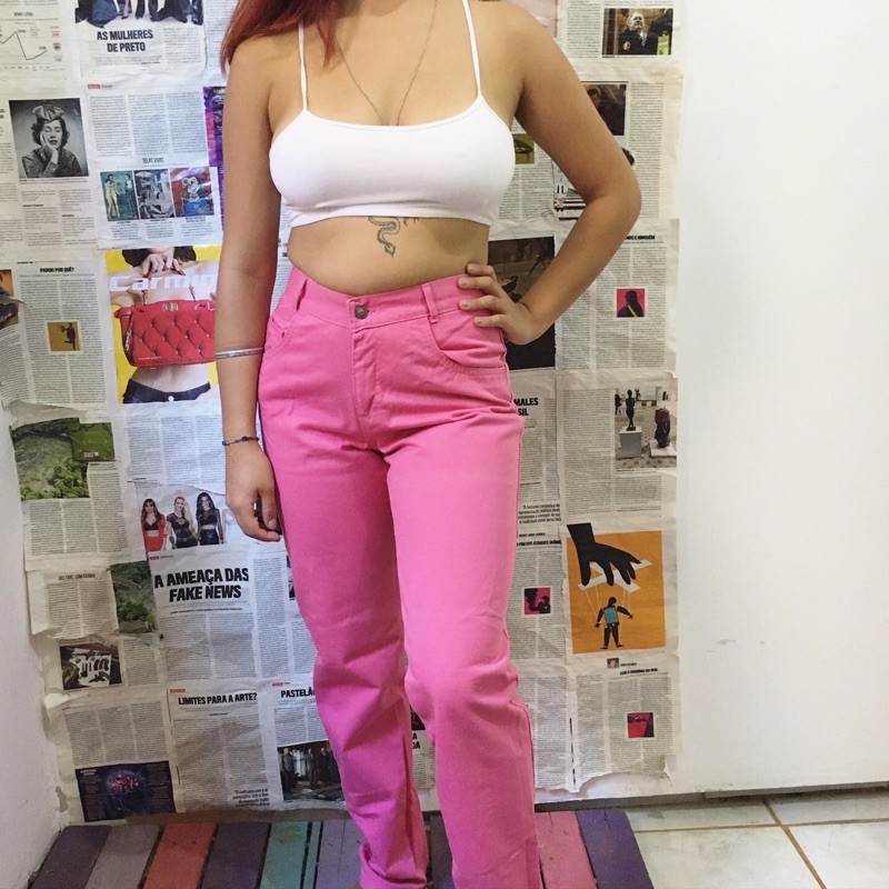 Calça rosa best sale cintura alta