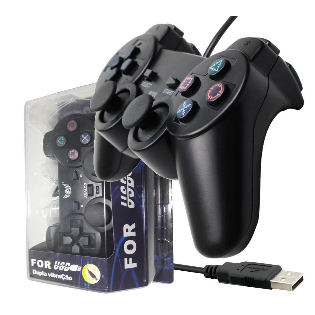 Controle Compatível Com PlayStation 2 Com Fio Para Video Game Com Vibração  E Conexão USB Analógico Compatível Com Computador Preto LINHA PREMIUM DUPIN