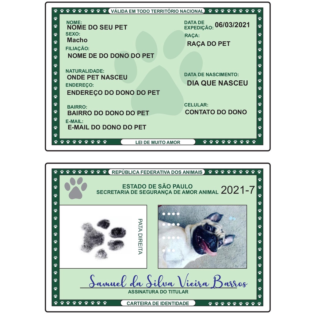 Documento Rg Pet Identidade Pet Cachorro Gato Estimação - Impresso e ...