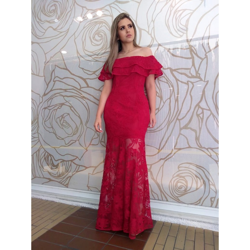 Vestido vermelho longo 2024 ombro a ombro