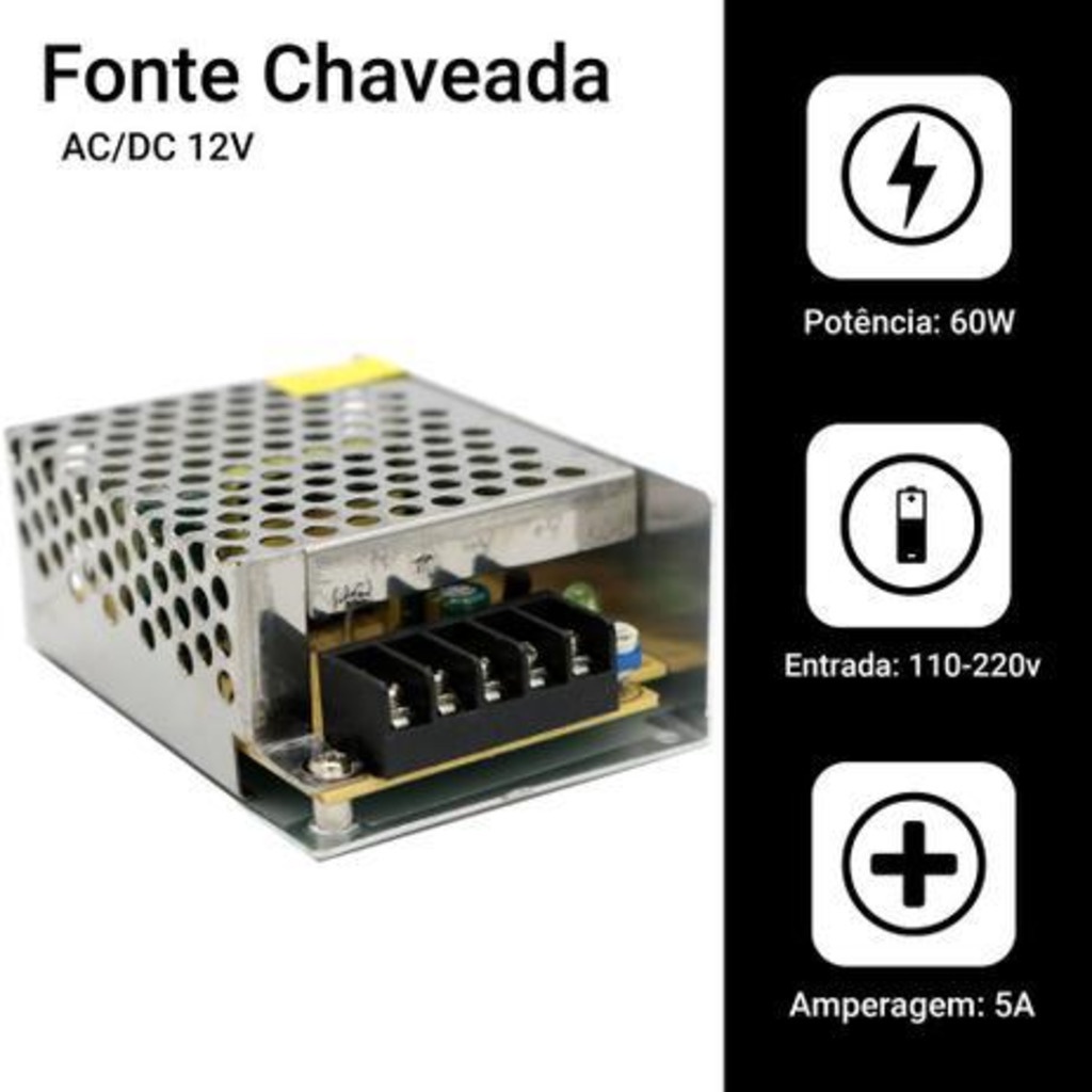 Fonte Chaveada 12V 5A Para PC/Câmeras de segurança/Fita led/Som/Rádios comunicadores