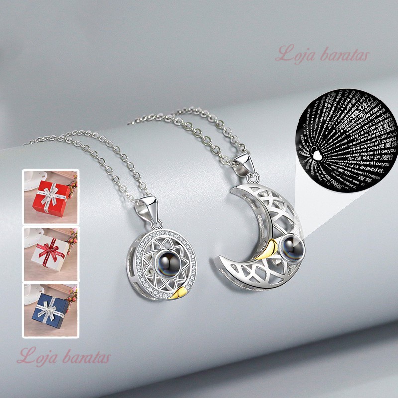 100 iDiomas Eu Te amo colar projeção pingente Sol e Lua Amor Memória Confissão Colar casal